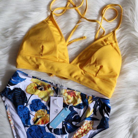 Yellow Blue Leaf High Waisted Bikini Set Sz M - Picture 3 of 7